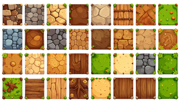 Isometric Vector Game Tile Set of Various Ground Textures, Including Stone, Cracked Earth, Wood, Sand, Dirt, and Green Grass, Ideal for 2D Game Design and Landscape Elements