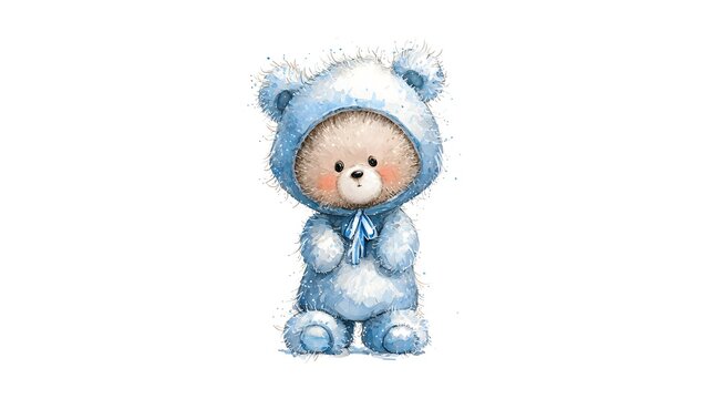 Adorable Blue Teddy Bear in Cozy Hooded Onesie.