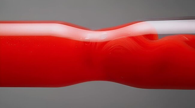Close up view of a horizontal tube filled with a red liquid