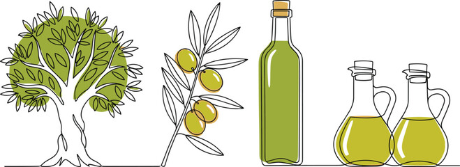 Continuous line art vector illustration featuring olive tree branch with olives and glass bottles of extra virgin olive oil isolated on white background © MdMeherul
