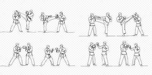 Continuous line drawing of martial arts training with two fighters practicing karate and boxing techniques. © Lunara Arts
