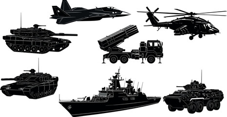 Military vehicles silhouette collection with tank fighter jet helicopter warship and missile launcher isolated on white background, defense transport equipment set for army technology design © MstRazia