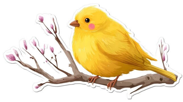 Charming Yellow Canary Bird Perched on a Delicate Branch with Buds.