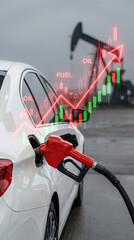 Naklejka premium Oil price global crisis fuel rise shown with car refueling at petrol station