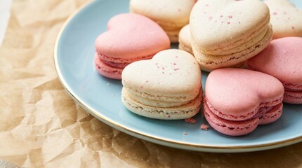 Obraz premium Heart-Shaped Macarons Displayed on Blue Plate, Close-Up Pastel Dessert Styling, Sweet Romance Concept