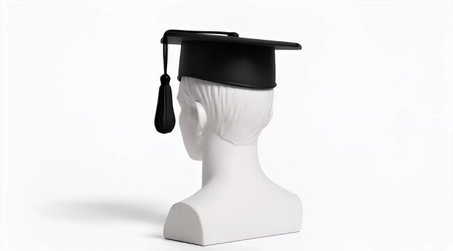 White mannequin head wearing a black graduation cap on a white background