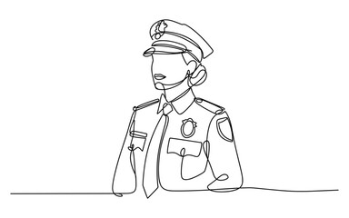 Obraz premium Police Officer One Line Drawing Minimalist Woman in Uniform with Badge and Cap