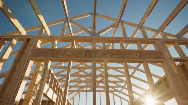 Wooden house frame under construction with bright sunlight streaming through