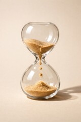 Hourglass with golden sand flowing time management minimalist concept isolated beige background productivity