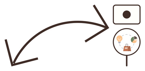 Fototapeta premium Data analysis, business strategy, decision making, growth analysis, research, information visualization. Arrows pointing towards a magnifying glass with analytics icons. Data analysis and business