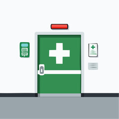 Obraz premium Vibrant green emergency door with a prominent white medical cross symbol, designed for quick access or exit in a hospital, clinic, or medical facility, highlighting safety and first aid