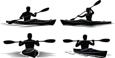 Set of Kayaking Silhouettes Featuring Men and Women Paddling Canoes on Water for Outdoor Adventure Sports Logo Design and Illustration © MstHabiba