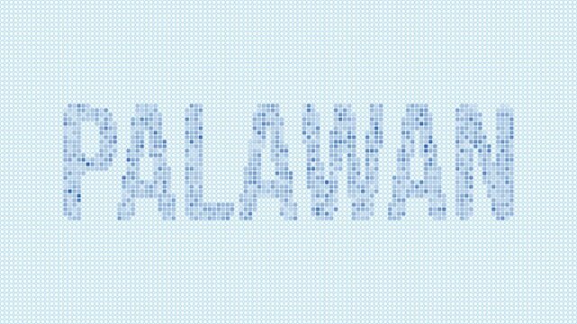 Palawan dotted map animation. Digital style shape of the island. Palawan shape and title blue dots appear with flickering effect. Philippines. Creative Intro, outro, title, logo video.