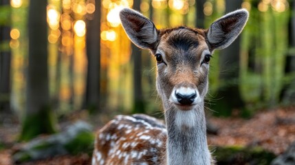 Fototapeta premium Deer in forest sunlight portrait nature wildlife animals environment