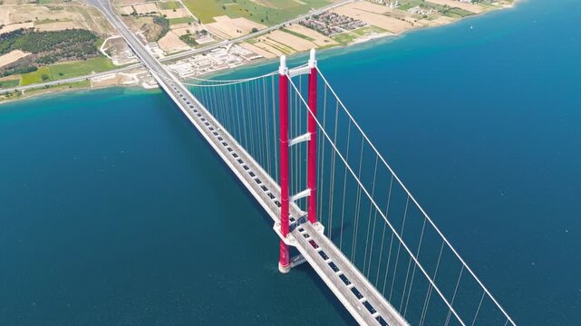 Lapseki, Turkey. Engineering marvel of 1915 Canakkale Bridge with steady flow of cars over the Dardanelles strait to Anatolia. Aerial View