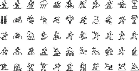 Large bundle of outdoor sports and adventure line icons featuring skiing cycling hiking surfing and extreme activities isolated on white © MstHabiba