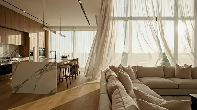 Modern luxury living room interior inside a home apartment featuring a contemporary design with a fireplace, elegant wood floor, stylish sofa, and architecture highlighting a large window and furnitur