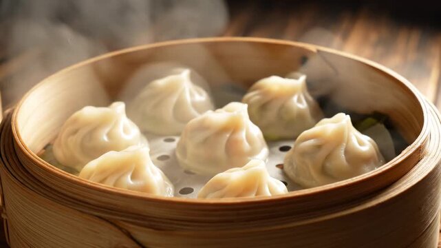 Steaming dumplings in bamboo basket with rising aroma and heat waves