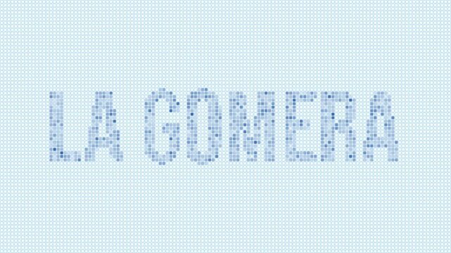 La Gomera dotted map animation. Digital style shape of the island. La Gomera shape and title blue dots appear with flickering effect. Spain. Creative Intro, outro, title, logo video.