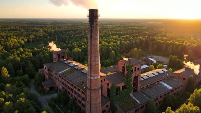 Aerial view of an abandoned industrial building with a tall chimney at sunset