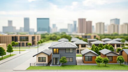 adu small home A miniature model of a suburban neighborhood with houses, trees, and a distant city skyline under a partly cloudy sky.