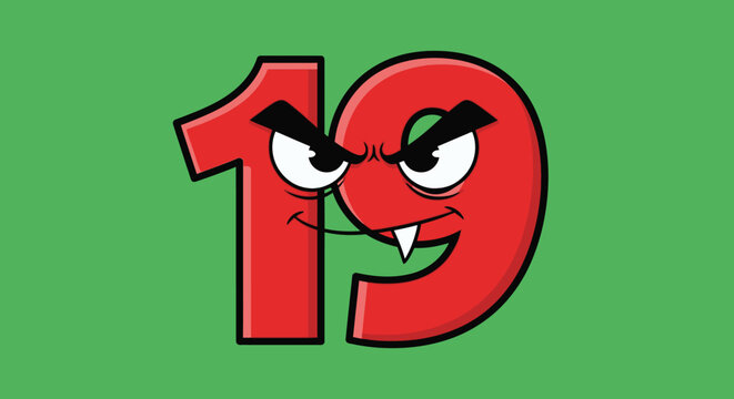 Cartoon Number Nineteen with a Bad Mood
