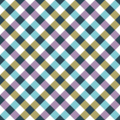 Seamless Diagonal Plaid Pattern with Modern Geometric Checkered Squares in Teal, Mustard, and Lilac