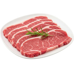 Freshly sliced raw beef steak on a white plate with garnish isolated on transparent background