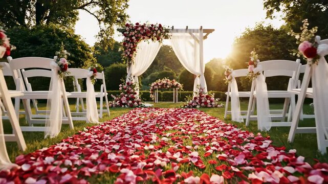 Serene outdoor wedding aisle with rose petals leading to elegant floral archway