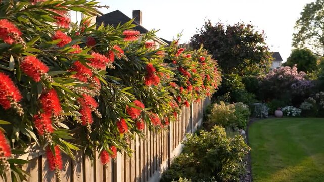 Vibrant red bottlebrush flowers bloom along a wooden fence in a garden