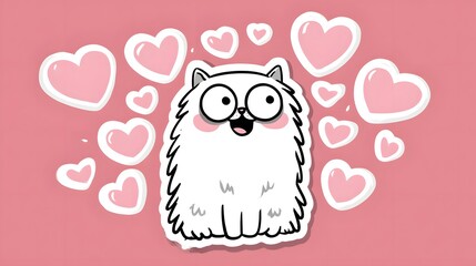 Naklejka premium Cute Fluffy White Cat Character Surrounded by Pink Hearts.