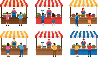 Farmers market stall collection with vendors and customers buying fresh vegetables vector illustration, outdoor organic food stands isolated on light background for retail design © MstJakarina