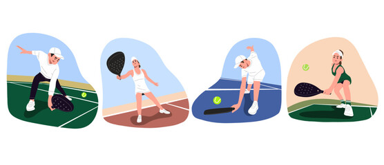 Fototapeta premium Flat vector illustration set of men and women playing padel on a court in different action scenes. Perfect for sports graphics, padel club promotion, fitness content, training materials, lifestyle 