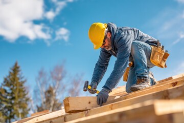 A construction worker in a yellow hard hat hammers wood beams on a sunny day, surrounded by trees and blue sky.