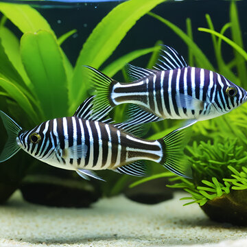 Zebra danio fighting playfully in a group