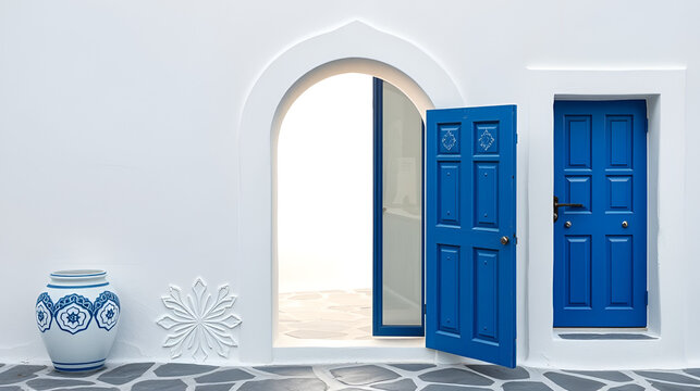 Aegean Cobalt Door in Cycladic Vector Topology, Santorini Calcium White with Geometric Ceramic Motifs