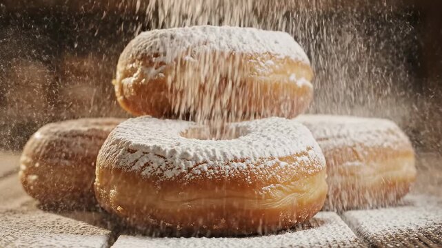 Stacked donuts being dusted with powdered sugar.