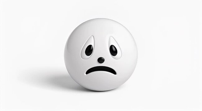 Minimalist image of a white sphere with a sad facial expression