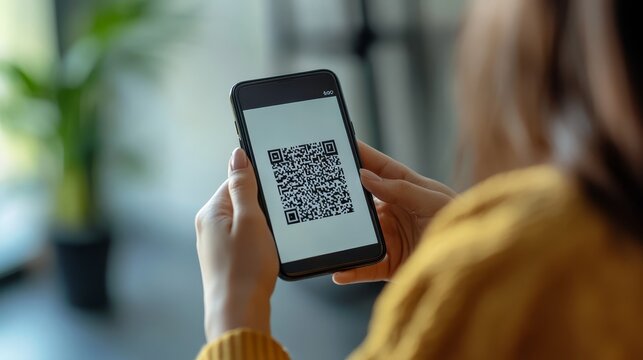 Woman's hand holding smartphone displaying qr code for digital information access.