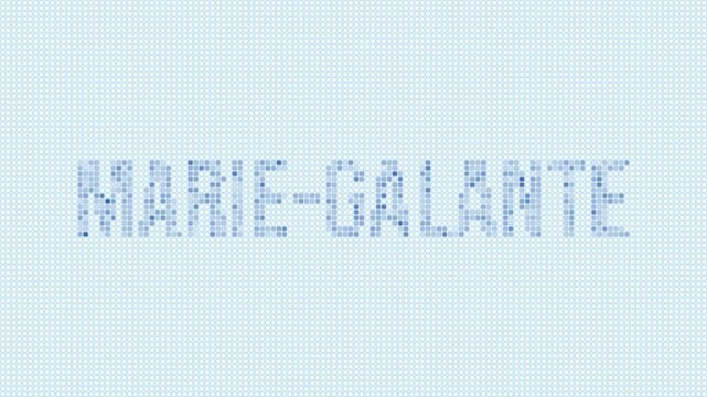 Marie-Galante dotted map animation. Digital style shape of the island. Marie-Galante shape and title blue dots appear with flickering effect. Guadeloupe. Modern Intro, outro, title, logo video.
