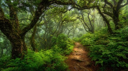 Obraz premium Enchanting Forest Path: A Serene Journey Through Lush Greenery and Mystical Woodlands, Perfect for Nature and Adventure Imagery