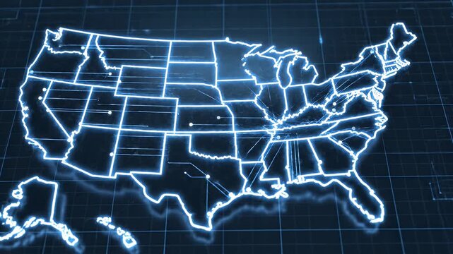 Glowing United States Map - A sleek, modern animation of the United States map is displayed with each of the fifty states outlined in glowing blue lines.
