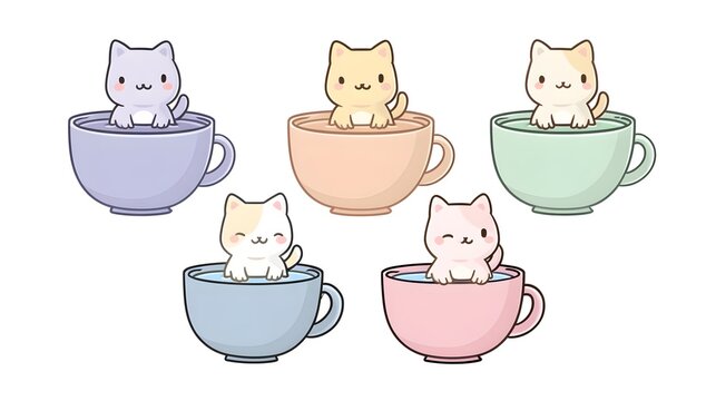 Cute Kawaii Kittens Sitting in Colorful Teacups Collection.