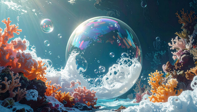 Abstract underwater scene with large bubble coral and vibrant light