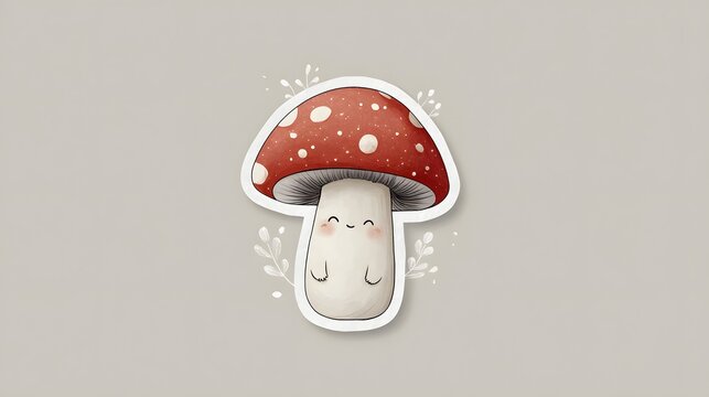 Cute Kawaii Mushroom Character with Happy Face and White Spots.