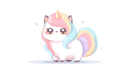 Fototapeta premium Cute Kawaii Unicorn Illustration with Pastel Rainbow Mane and Tail.