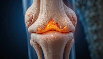 Close up view depicts internal joint structure illustrating localized inflammation and degeneration