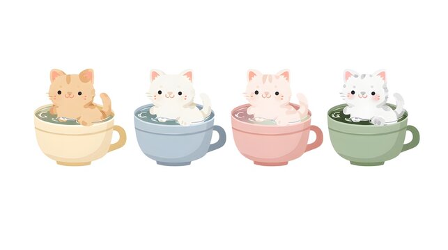 Cute Kittens Adorably Sitting in Colorful Coffee Cups.