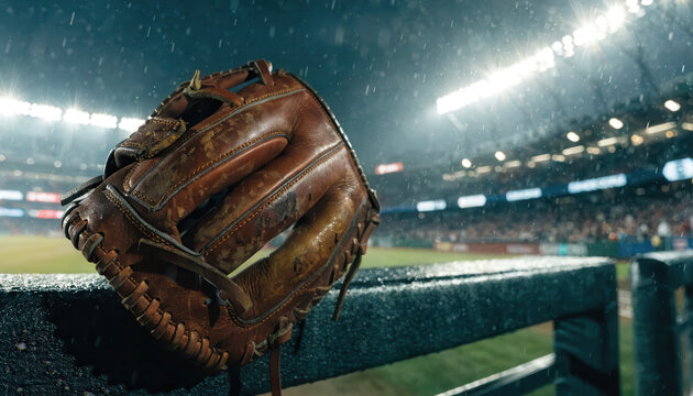 Worn leather baseball glove on railing at rainy stadium night with dramatic lighting
