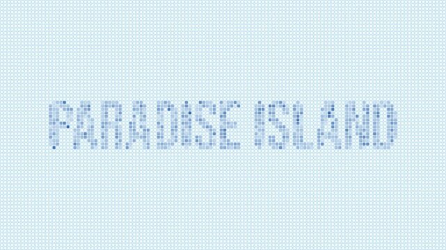 Paradise Island dotted map animation. Digital style shape of Paradise Island with title. Blue dots appear with flickering effect. Bahamas. Modern Intro, outro, title, logo video.